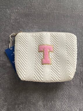 Initial T Quilted Makeup Bag White Pink Monogram Cosmetic Pouch New